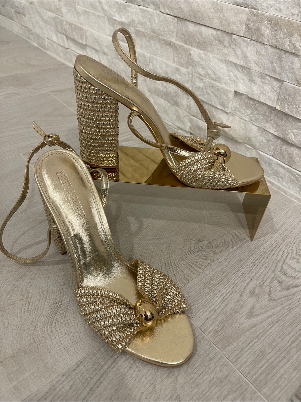 Steve Madden Gold Metallic Knotted Block Heel Sandals